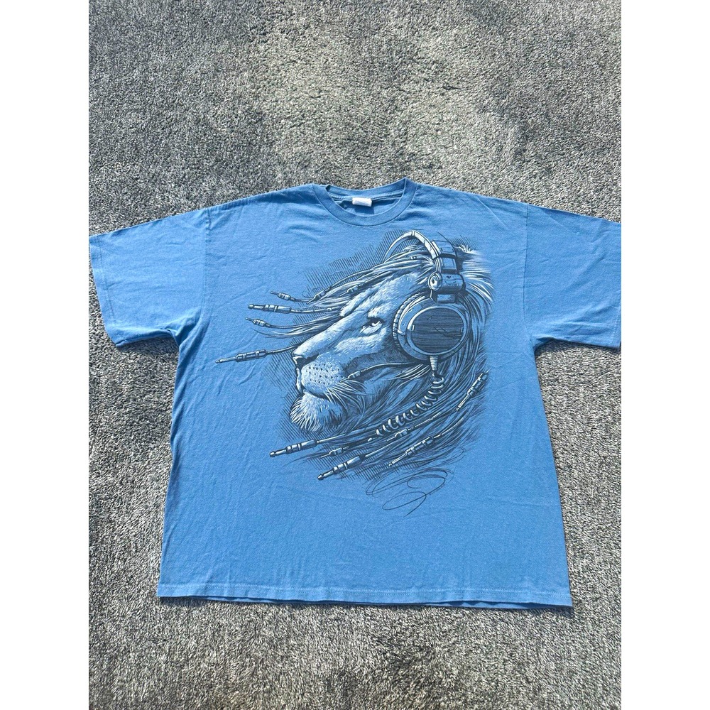 2011 Liquid Blue DJ Lion T Shirt 2XL Cyber Headphones Graphic Y2K Rave Blue